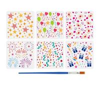 FINGERINSPIRE 6PCS Celebration Patterns Painting Stencil with 1Pc Paint Brush 15x15cm Stars Balloons Streamers Hearts Fireworks Colorful Balls Gifts and Wine Glasses Pattern Stencil for Painting
