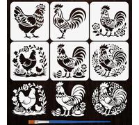 FINGERINSPIRE 6PCS Chicken Pattern Painting Stencil with Paint Brush 20x20cm Folk Patterned Chicken Template Plastic PET Egg Flower Leaf Hat Stencil Animal Theme Template for Home Decoration