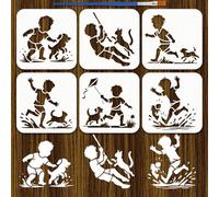 FINGERINSPIRE 6PCS Children Playing Patterns Stencils with Brush 15x15cm Children Playing with Pets Stencils Puppies Kittens Stencil Template for Painting on Wood Wall Furniture DIY Home Decoration