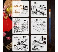 FINGERINSPIRE 6Pcs Chinese Landscape Painting Stencils with a Brush 15x15cm Small Bridges Over Flowing Water Stencil Fishing Boats Houses Sun Mountains Stencil for Painting on Wood Wall