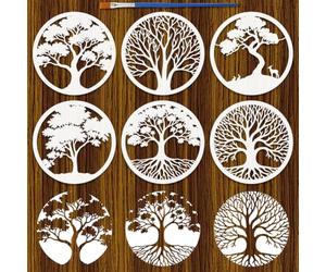 FINGERINSPIRE 6Pcs Circular Tree Painting Stencil with Brush 20x20cm Tree of Life Stencils Round Reusable Trees Stencils Plastic Drawing Natural Trees Stencil for Painting on Wood Furniture Home Decor