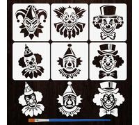 FINGERINSPIRE 6PCS Clown Pattern Painting Stencils with Paint Brush 15x15cm Reusable Clown Joker Hats Drawing Template DIY Circus Festival Stencil Character Theme Template for Painting on Wall