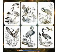 FINGERINSPIRE 6PCS Crane Stencils with a Brush 21x29.7cm Crane and Plants Painting Stencil A4 Bird Theme Template Reusable PET Stencils for Wall Fabric Wood DIY Art Home Decor