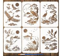 FINGERINSPIRE 6PCS Crane Stencils with a Brush 21x29.7cm Crane Scenery Painting Stencil A4 Eastern Style Bird Theme Template Reusable PET Stencils for Wall Fabric Wood DIY Art Home Decor