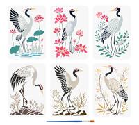 FINGERINSPIRE 6PCS Cranes Paint Stencil With Brush 21x29.7cm - Lotus Flowers, Leaves, Stones Pattern for Wood, Wall, Furniture DIY Home Decor