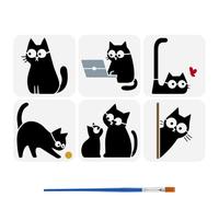 FINGERINSPIRE 6PCS Cute Cartoon Cat Stencils with 1Pc Paint Brush 5.9x5.9inch Black Cat Stencils Cats Shape Animal Theme Stencil for Painting on Wood Wall Furniture DIY Home Decoration