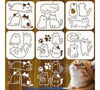 FINGERINSPIRE 6PCS Cute Little Cat Painting Stencils with Paint Brush 15x15cm Plastic PET Cartoon Cats Fish Drawing Templates Decorative Animal Theme Stencils for Floor Furniture Decoration