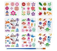 FINGERINSPIRE 6PCS Daily Mixed Styles Stencil with Paint Brush 7.9x7.9inch Plastic Flower Leaf Silhouette Drawing Template Vehicles Animal Universe Stencil Diary Theme Template for DIY Decoration