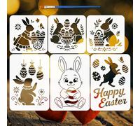 FINGERINSPIRE 6Pcs Easter Rabbit and Egg Stencils with a Brush 2Sizes Rabbit Painting Stencils PET Egg Pattern Stencil Easter Themes Template for Wood Floor Tile Wall DIY(20x20cm,297x210mm)