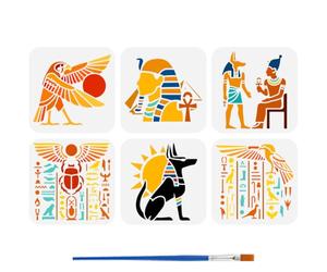 FINGERINSPIRE 6Pcs Egyptian Patterns Stencil with Paint Brush 15x15cm Reusable Ancient God Anubis Stencil Egyptian Divine Birds Stencils Plastic Painting Templates for DIY Wall Art Craft Projects