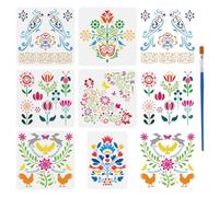 FINGERINSPIRE 6PCS Folk Art Patterns Painting Stencils with a Brush 2 Sizes Flowers Birds Chickens Stencil Floral Rabbits Butterflies Templates Reusable PET Stencils for DIY Projects Home Accents