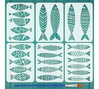 FINGERINSPIRE 6Pcs Geometry Fish Stencils with a Brush 29.7x21cm Creative Fish Painting Stencils PET Ocean Themes PET Template for Painting on Wood Floor Tile Wall Fabric Furniture Scrapbook DIY