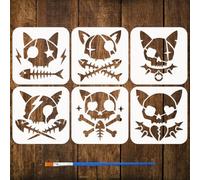 FINGERINSPIRE 6PCS Gothic Punk Cat Skull Stencils with Paint Brush 15x15cm 6 Styles Skull Cat Stencils Skeleton Kitty Stencil Plastic Animal Theme Template for DIY Crafts Home Decoration