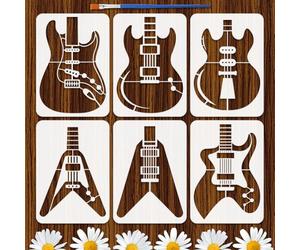 FINGERINSPIRE 6PCS Guitar Stencils 21x29.7CM Modern Guitar Body Painting Stencil Reusable Plastic Music Template with a Brush for Painting on Wood Wall Canvas Furniture Home Decor