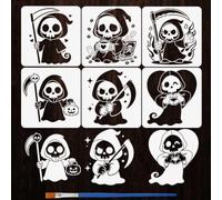 FINGERINSPIRE 6Pcs Halloween Grim Stencils with a Brush 15x15cm Kawaii Skeleton Painting Stencils Death Design Stencil Cute Grim Stencil Halloween Themes PET Template for Wood Floor Tile Wall DIY