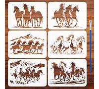 FINGERINSPIRE 6PCS Herd of Horse Stencils with Paint Brush 21x29.7cm Reusable Running Horse Silhouette Drawing Template DIY Meadow Grass Mountains Stencil Animal Theme Template for Decoration