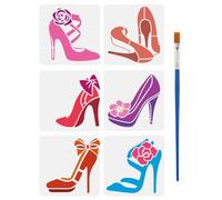 FINGERINSPIRE 6PCS High Heels Stencils for Painting with Brush 15x15cm Reusable Flowers Bows Template Hollowed Shoe Pattern Stencil Plastic PET Woman Theme Template for Wall Furniture Decoration