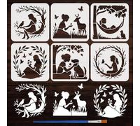FINGERINSPIRE 6PCS Humans and Nature Stencils for Painting with Brush 7.9x7.9inch People Plants Animals Template Trees Birds Dogs Silhouette Stencil Nature Theme Template for Wall Floor Decoration