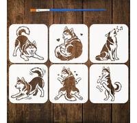 FINGERINSPIRE 6PCS Husky Stencils with Paint Brush 15x15cm 6 Styles Husky Dogs Pattern Stencils Dogs Stencil Animal Theme Template for Painting on Wood Wall Furniture DIY Home Decoration