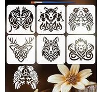 FINGERINSPIRE 6PCS Keltic Knot Animals Stencils with 1Pc Brush 20x20cm Animal Head Stencils Lion Wolf Deer Pattern Animals Templates for Painting on Wood Wall Furniture DIY Home Decoration