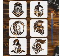 FINGERINSPIRE 6PCS Knight's Helmet Stencils with Paint Brush 10x10cm 6 Styles Helmets Pattern Stencil Reusable Vintage Theme Stencil for Painting on Wood Wall Fabric Furniture DIY Home Decoration
