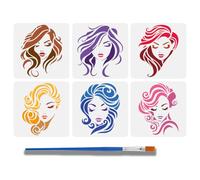 FINGERINSPIRE 6PCS Ladies' Hairstyle Stencils for Painting with Brush 15x15cm Reusable Facial Features Template Hollowed Beautiful Hair Stencil Plastic Character Theme Template for Decoration
