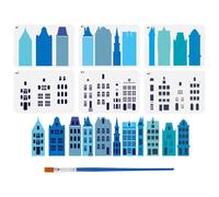 FINGERINSPIRE 6PCS Layered Buildings Painting Stencil with Plastic Brush 8.3x11.7inch Reusable Building Silhouette Template Decorative Architecture Theme Stencil for Painting on Floor Furniture