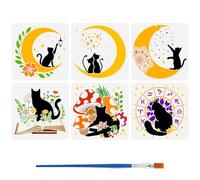 FINGERINSPIRE 6PCS Moon Cat Stencils for Painting with Brush 30x30cm Reusable Star Flower Book Mushroom Template Hollowed Couple Cat Plant Stencil Plastic PET Animal Theme Template for Decor