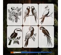 FINGERINSPIRE 6PCS Parrot Stencils with Plastic Brush 21x29.7cm Macaw Parrot Bird Stencils for Painting Reusable Parrot Stencil DIY Art and Craft Stencil for Painting on Wood Paper Fabric Floor Wall