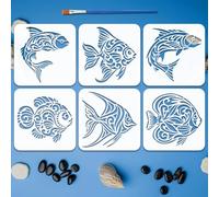 FINGERINSPIRE 6PCS Patterned Fish Painting Stencils with Paint Brush 20x20cm DIY Flounder Pattern Drawing Templates Reusable Ocean Fish Stencils Animal Theme Template for Wall Floor Decoration