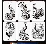 FINGERINSPIRE 6PCS Peacock Stencils 21x29.7cm with a Brush Peacock Feather Bird Design Templates A4 Size Animal Painting Stencils Reusable PET Drawing Template for DIY Home Decor Art Crafts