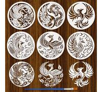 FINGERINSPIRE 6PCS Phoenix Stencils with Brush 20x20cm Round Chinese Dragon Phoenix Pattern Stencil Firebird Template Animals Theme Template for Drawing DIY Furniture Wall Floor Fabric Decoration