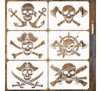 FINGERINSPIRE 6PCS Pirate Painting Stencils with Paint Brush 21x29.7cm Reusable Skull Anchor Rudder Drawing Template DIY Hat Bones Stencil Ocean Theme Template for Painting on Furniture