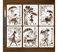 FINGERINSPIRE 6PCS Rain Woman Stencils with a Brush 21x29.7cm Woman with Umbrella Template Reusable Rainy Day Theme Decoration Stencils for Wall Wood Fabric Home Decor DIY Project
