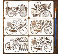 FINGERINSPIRE 6PCS Retro Bicycle Stencils with A Paint Brush 21x29.7cm 6 Styles Bicycle with Text Stencils Words Theme Template for Painting on Wood Fence Canvas Furniture DIY Crafts Home Decoration
