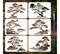 FINGERINSPIRE 6PCS Scenic Pine Tree Painting Stencils with Paint Brush 21x29.7cm Reusable Pine Tree Drawing Template DIY Crafts Sun Birds Stencil Plant Theme Template for Painting on Wall Floor