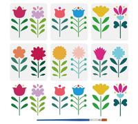 FINGERINSPIRE 6PCS Simple Folk Art Flowers Stencils with Brush 15x15cm Reusable Abstract Folk Design Template Folk Themes Stencil for Painting on Wall Wood Fabric Furniture DIY Home Decoration