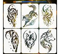 FINGERINSPIRE 6PCS Star and Moon Wolf Stencils with A Paint Brush 8.3x11.7inch Reusable Wolf Head Painting Stencil Wild Wolves Stencils for Painting on Wood Wall Furniture DIY Home Decoration