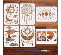 FINGERINSPIRE 6PCS Sun Moon Stars Stencils with 1Pc Paint Brush 21x29.7cm Dream Catcher Stencil Clouds Stencil Moon Phases Template Reusable Fantasy Theme Template for Wood Floor Tile Home Decor