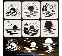 FINGERINSPIRE 6PCS Sun Mountains and Seas Stencils with a Brush 20x20cm Sunrise Pattern Painting Stencils Sunset Drawing Stencil Cloud Birds Stencil PET Nature Themes Template for Wall Decoration