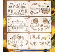FINGERINSPIRE 6PCS Welcome Pattern Painting Stencil with Paint Brush 21x29.7cm Elegant Welcome and Floral Design Drawing Template Plastic Words Flower Leaf Butterfly Stencil Words Theme Template