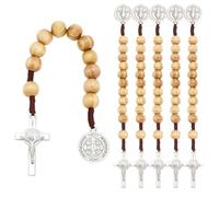 FINGERINSPIRE 6PCS Wood Prayer Bead with Medal and Crucifix Pandant 19CM Pocket Rosary Solid Wooden Prayer Chaplet with Saints Medal and Cross for Prayer Meditation Faith
