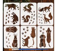FINGERINSPIRE 6Styles Animals and Footprints Stencils with a Brush 29.7x21cm Cat Dog Raccoon Painting Stencils PET Rabbit Fox Squirrel Pattern Stencil Animal Themes Template for Wood Wall Fabric