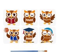 FINGERINSPIRE 6Styles Owl Pattern Stencils with a Brush 15x15cm Cartoon Owl Painting Stencils Owl Silhouette Drawing Stencil PET Animal Themes Template for Painting on Wood Wall Floor Tiles