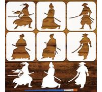 FINGERINSPIRE 6Styles Samurai Silhouette Stencils with a Brush 15x15cm Human Painting Stencils PET Samurai Pattern Stencil Oriental Themes Template for Wood Wall Fabric Furniture Decor