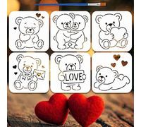 FINGERINSPIRE 6Styles Teddy Bear Pattern Stencils with a Brush 15x15cm Love Bear Painting Stencils PET Valentine's Day Themes Template for Painting on Wood Floor Tile Wall Fabric