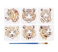 FINGERINSPIRE 6Styles Tiger Heads Pattern Stencils with a Brush 20x20cm Front-Facing Tiger Head Painting Stencils Side-Facing Tigers Head Drawing Stencil PET Animal Themes Template for Wall Decor