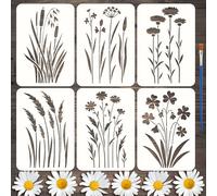 FINGERINSPIRE 6Styles Wildflowers Pattern Stencils with a Brush 29.7x21cm Weeds Painting Stencils Cattails Drawing Stencil PET Plant Themes Floral Template for Wood Wall Floor Tiles