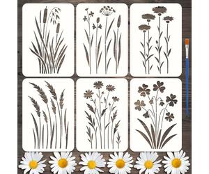FINGERINSPIRE 6Styles Wildflowers Pattern Stencils with a Brush 29.7x21cm Weeds Painting Stencils Cattails Drawing Stencil PET Plant Themes Floral Template for Wood Wall Floor Tiles