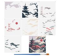 FINGERINSPIRE 7PCS Layered Oriental Landscape Stencils 30x30cm with a Brush Asian Painting Stencils Sun Mountain Range Drawing Templates for Wall Window Wood Furniture Home Decor DIY